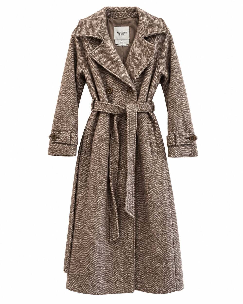Abercrombie & Fitch Carrie Wool Blend Trench Coat Brown Herringbone Winter Coat - Picture 2 of 10